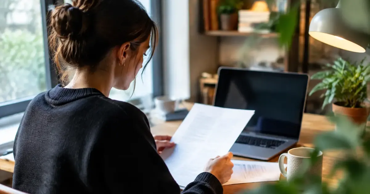 Employe assis lisant un dossier devant un ordinateur portable