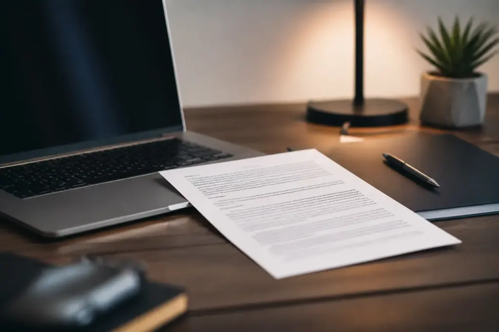Employe de bureau lisant un contrat devant un ordinateur