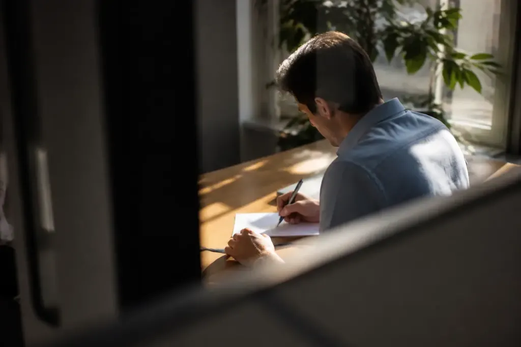 Employe signant un formulaire sur un bureau lumineux