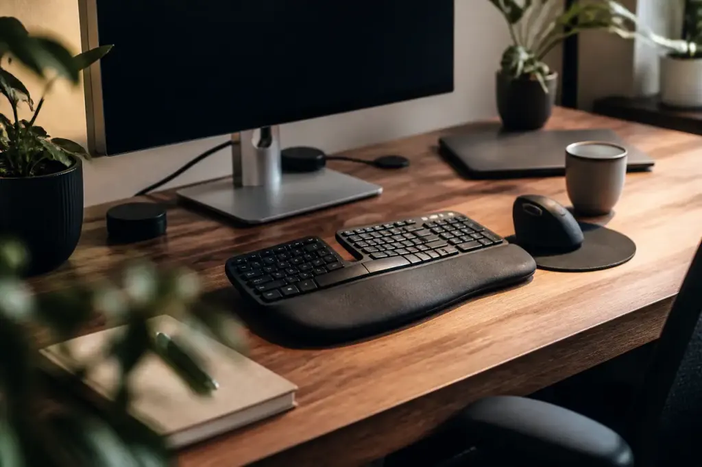 Employee assise devant un ordinateur avec clavier ergonomique