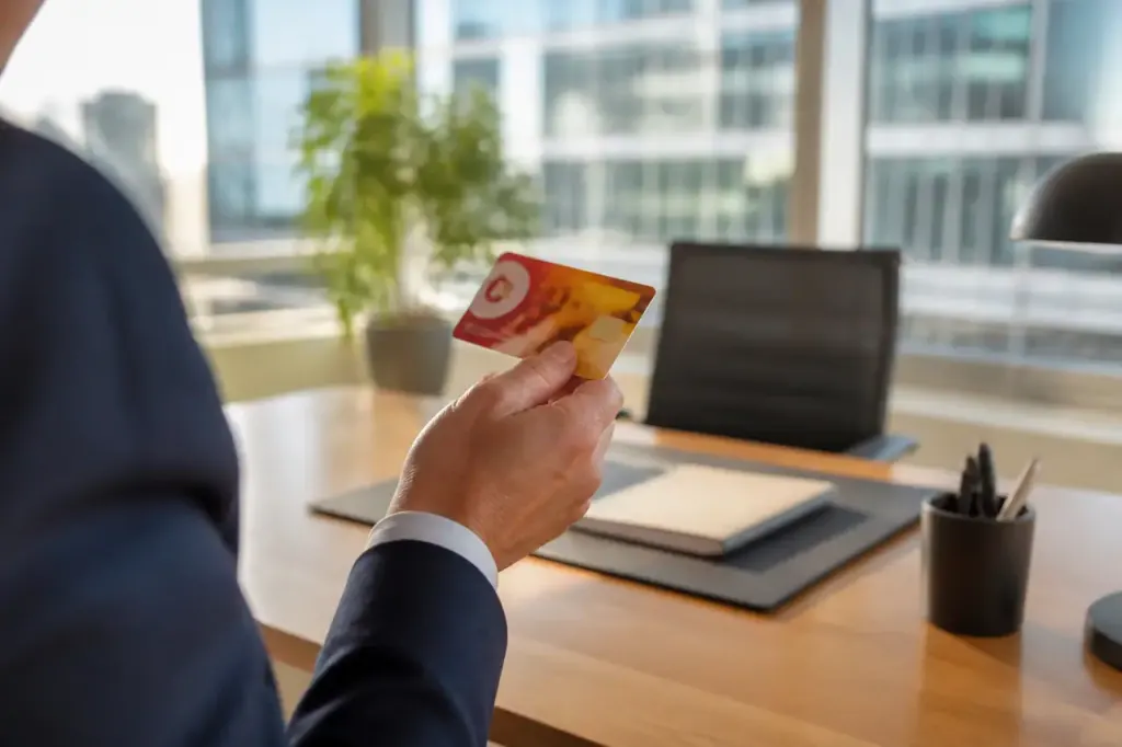 Employeur tenant une carte restaurant devant un bureau lumineux
