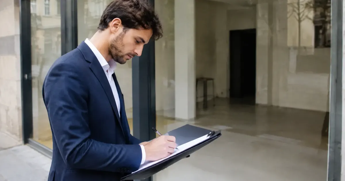 Entrepreneur debout signant un contrat devant une boutique vide