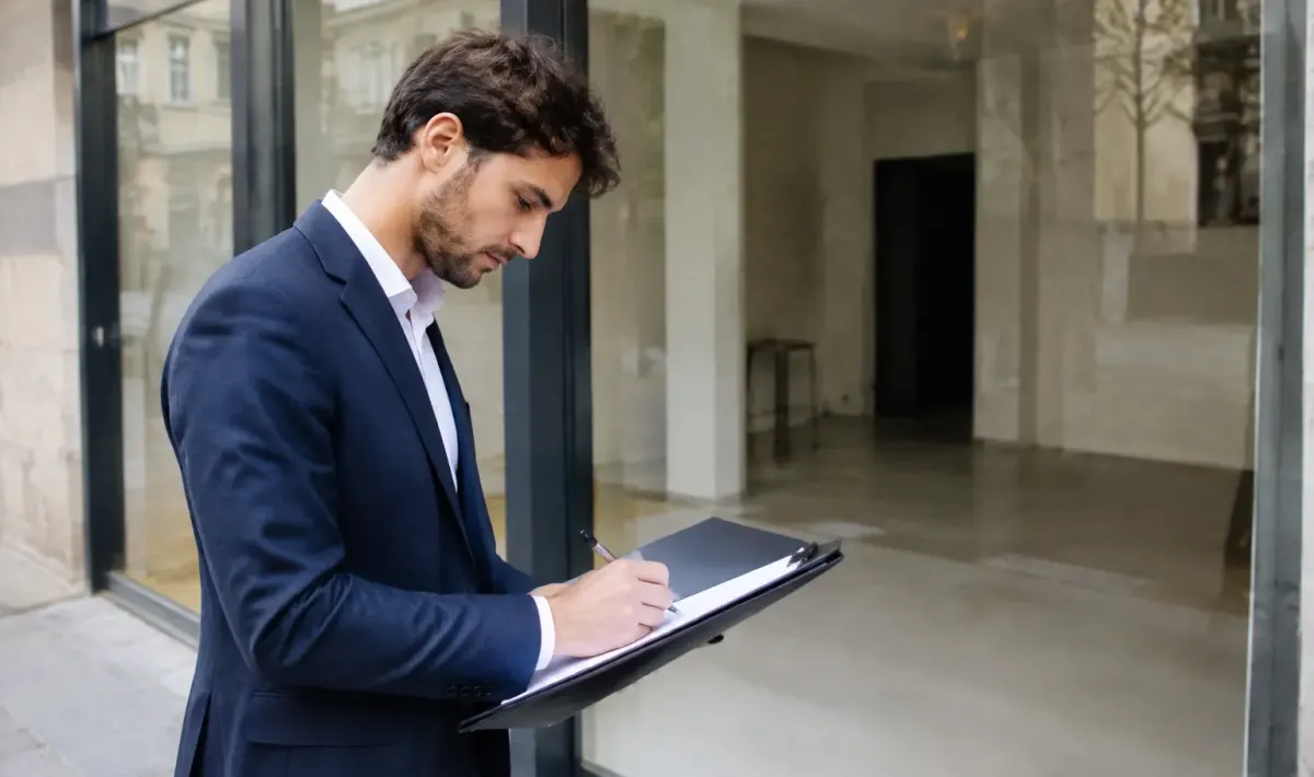 Entrepreneur debout signant un contrat devant une boutique vide