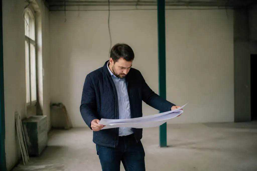 Entrepreneur examinant des plans dans un local vide