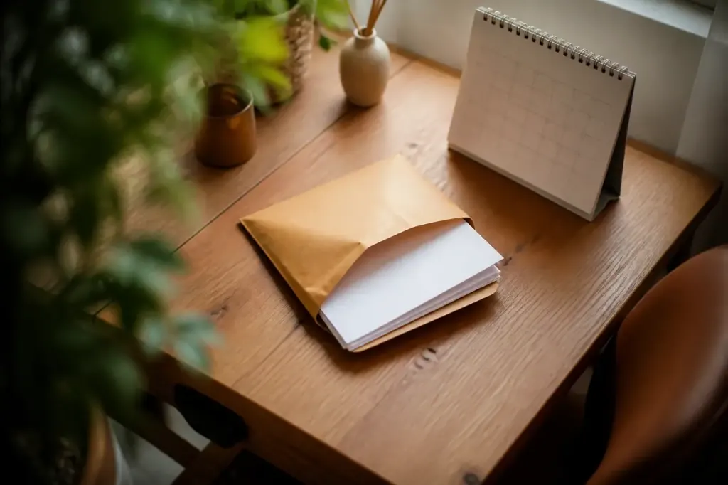 Enveloppe administrative ouverte et calendrier entoure sur bureau