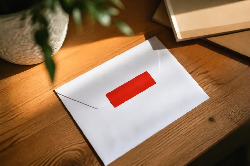 Enveloppe blanche avec etiquette rouge sur bureau en bois