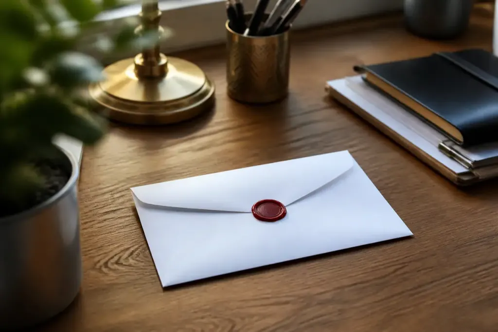 Enveloppe blanche recommandee avec tampon rouge sur bureau