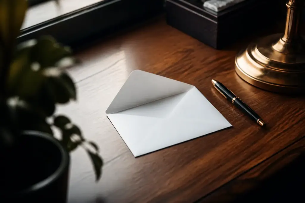 Enveloppe ouverte et stylo sur bureau