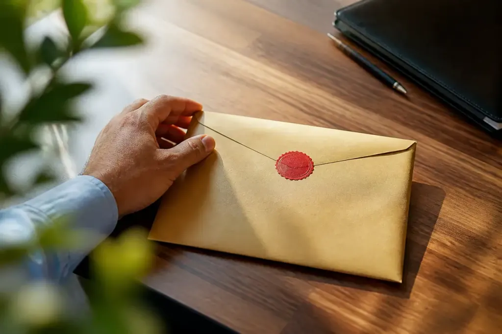 Enveloppe recommandee avec tampon rouge posee sur bureau