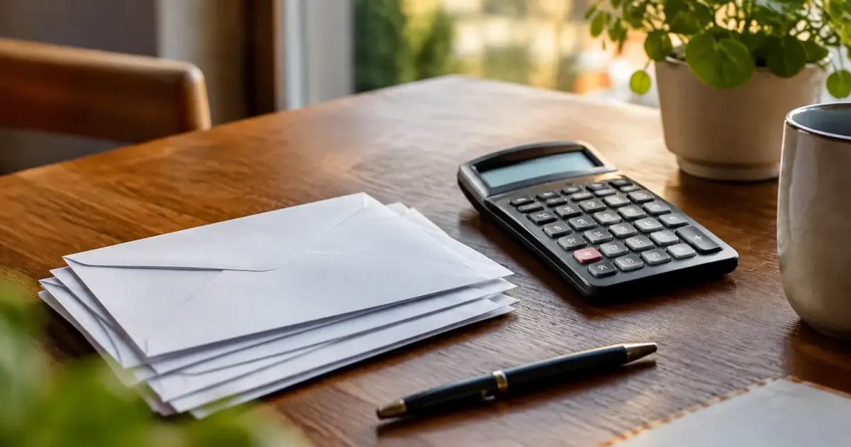 Enveloppes blanches et calculatrice posees sur une table