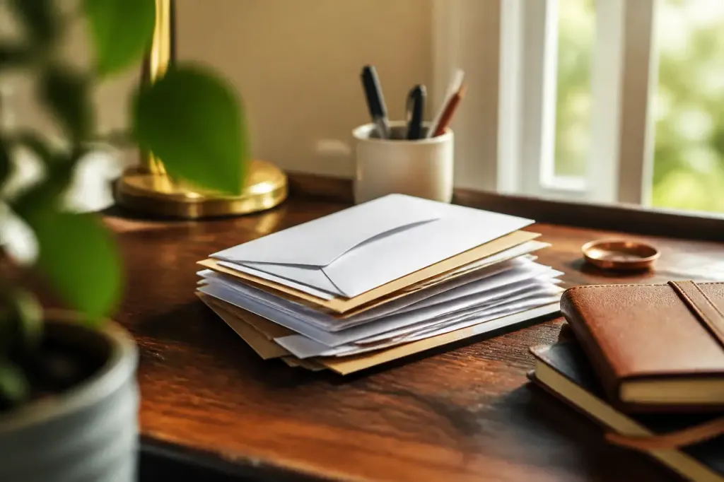 Enveloppes timbrees et lettres empilees sur un bureau