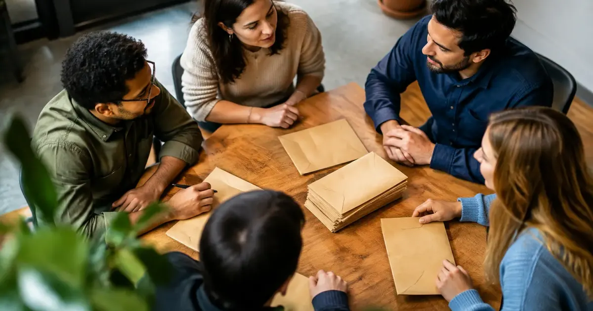Equipe de cinq personnes autour dune table avec enveloppes