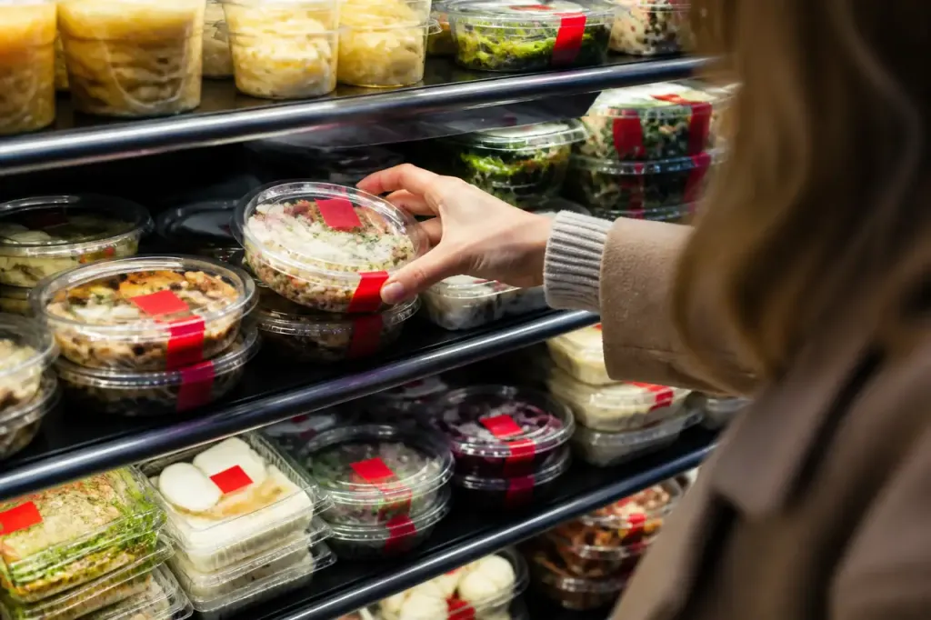 Etagere de produits a date courte avec etiquettes rouges