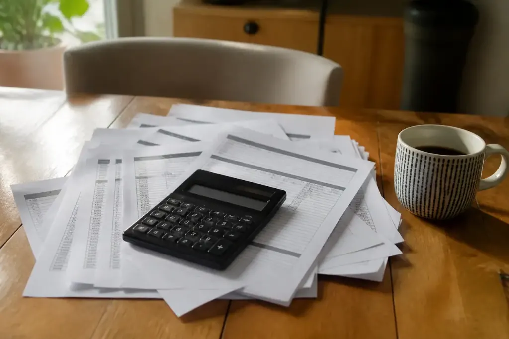 Homme examinant des feuilles de paie avec calculatrice