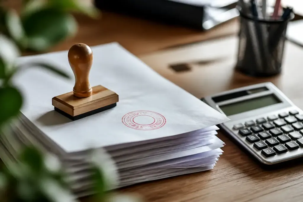 Facture papier avec tampon rouge et calculatrice sur bureau