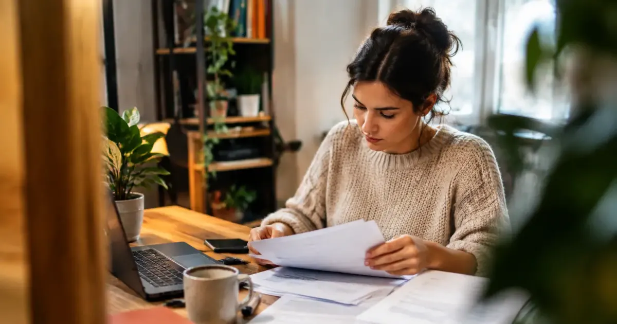 Femme assise devant un bureau consultant des papiers administratifs