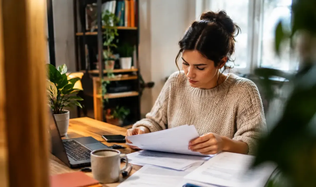 Femme assise devant un bureau consultant des papiers administratifs