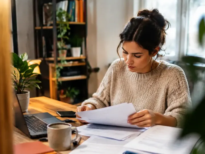 Femme assise devant un bureau consultant des papiers administratifs