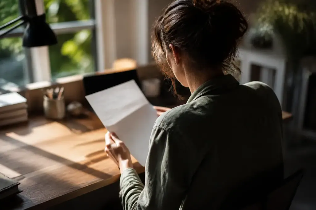 Femme assise à un bureau lisant une lettre ouverte