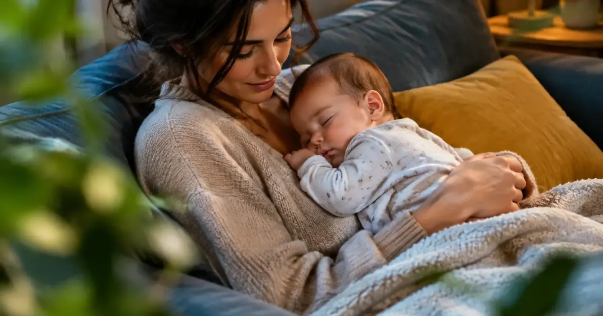 Femme assise sur un canape tenant un bebe endormi