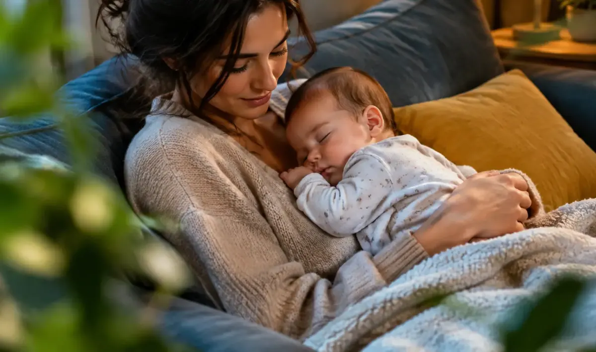 Femme assise sur un canape tenant un bebe endormi