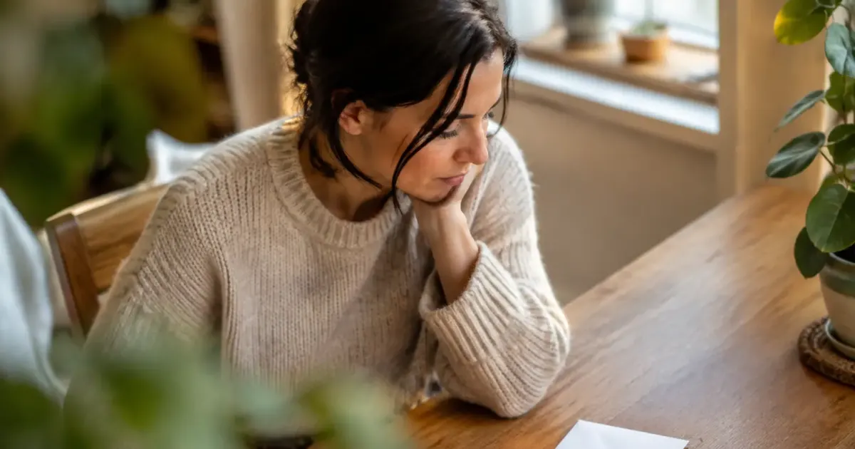 Femme assise devant une enveloppe posee sur un bureau