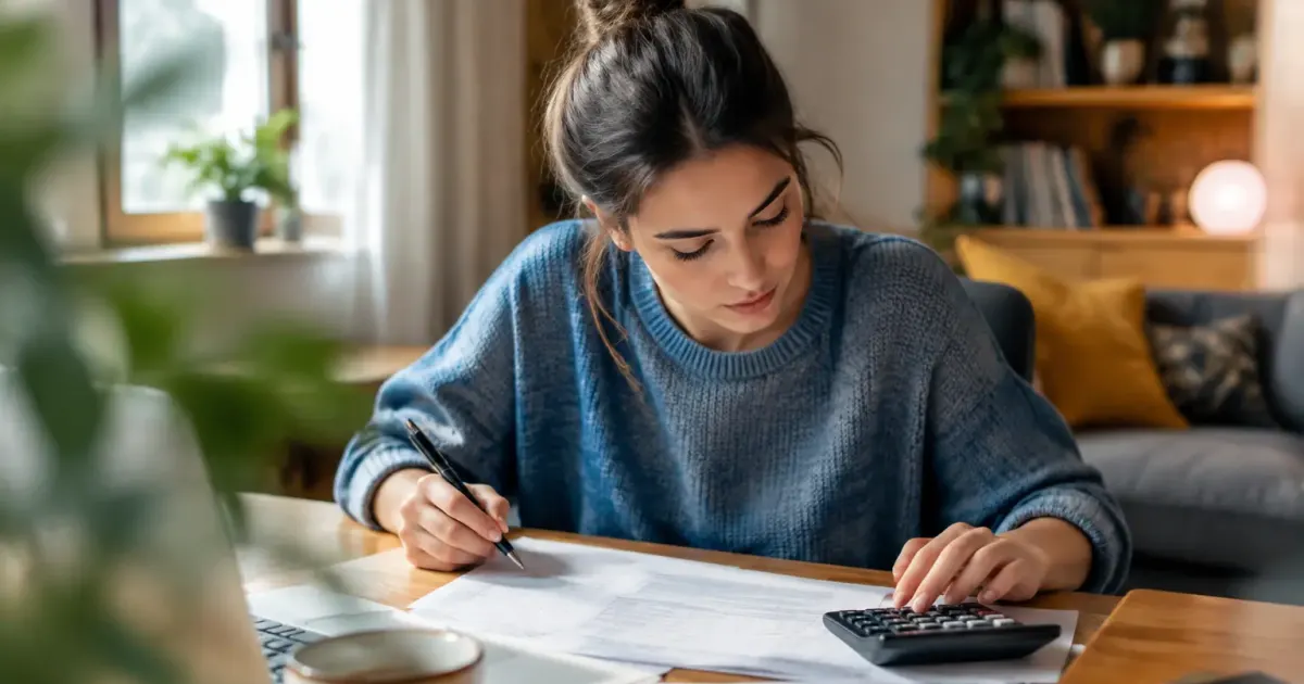 Femme assise devant un formulaire fiscal et calculatrice