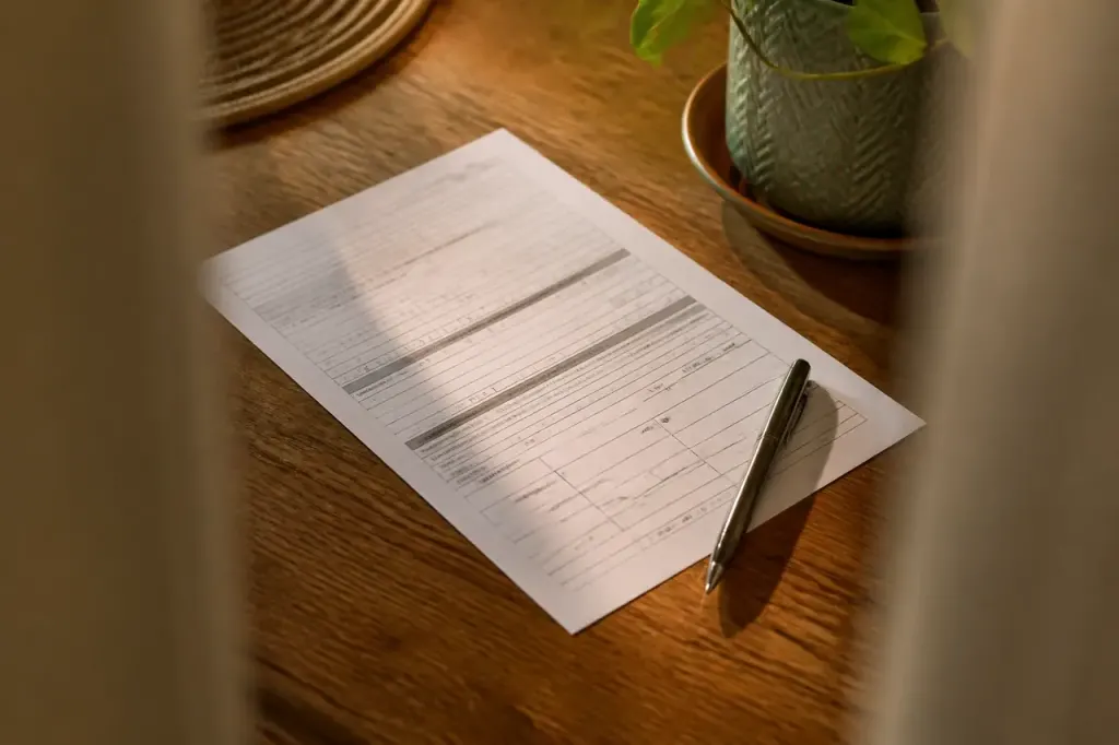 Femme remplissant un formulaire papier a cote d'un stylo