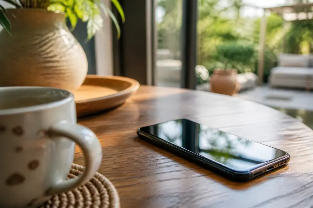 Femme souriante consultant une application bancaire sur smartphone