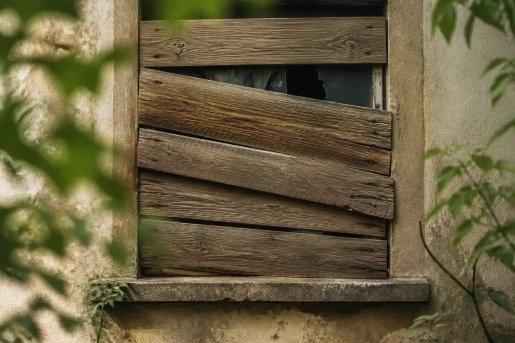 Fenetre brisee recouverte de planches de bois sur facade
