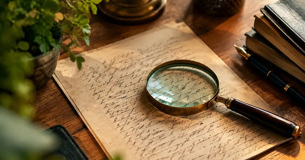 Feuille manuscrite posee sur bureau en bois avec loupe