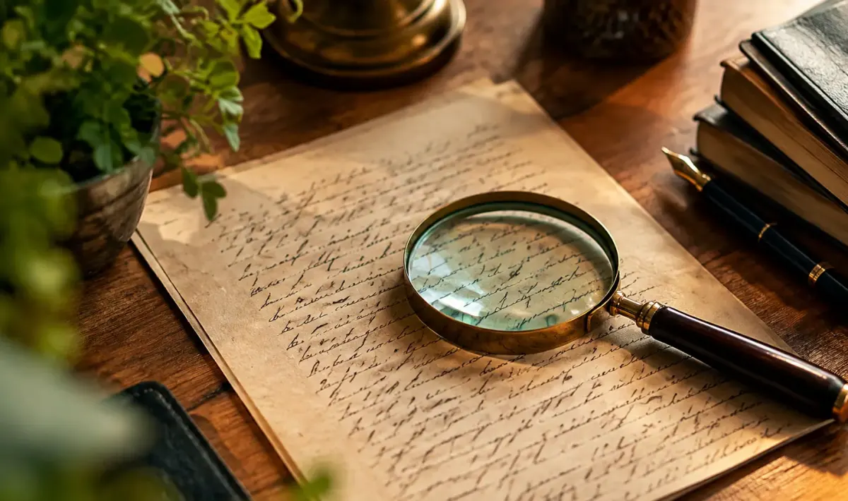 Feuille manuscrite posee sur bureau en bois avec loupe