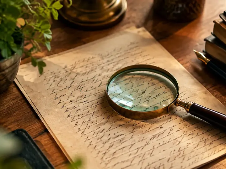 Feuille manuscrite posee sur bureau en bois avec loupe