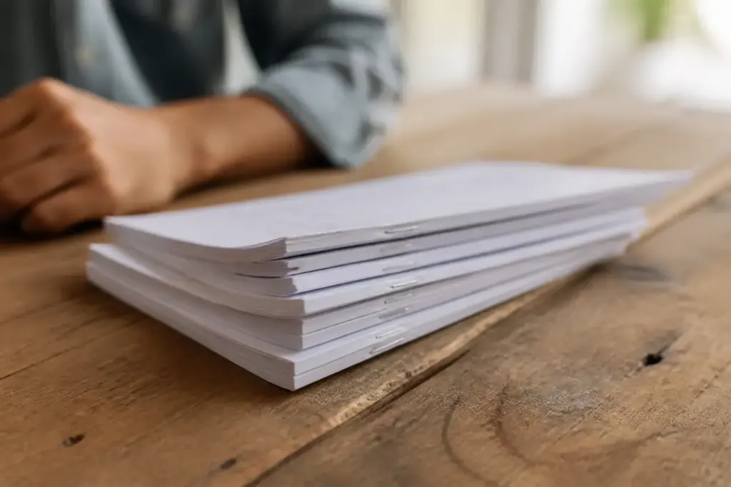 Feuillets agrafés posés sur une table en bois