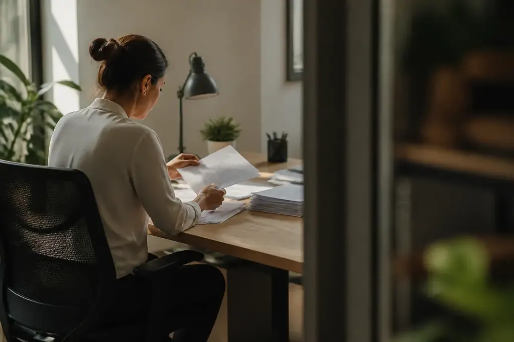 Gestionnaire feuilletant des courriers de relance sur un bureau