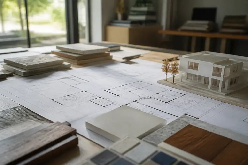 Groupe de personnes penchees sur des plans papier