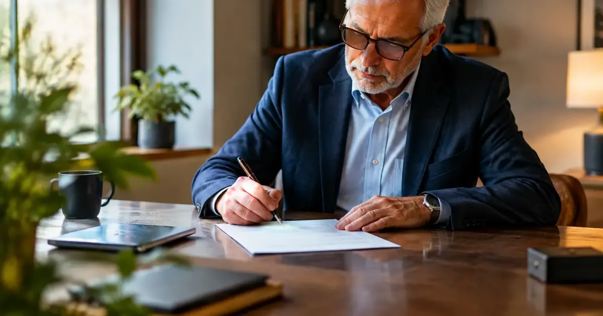 Homme age assis a table signant un contrat papier