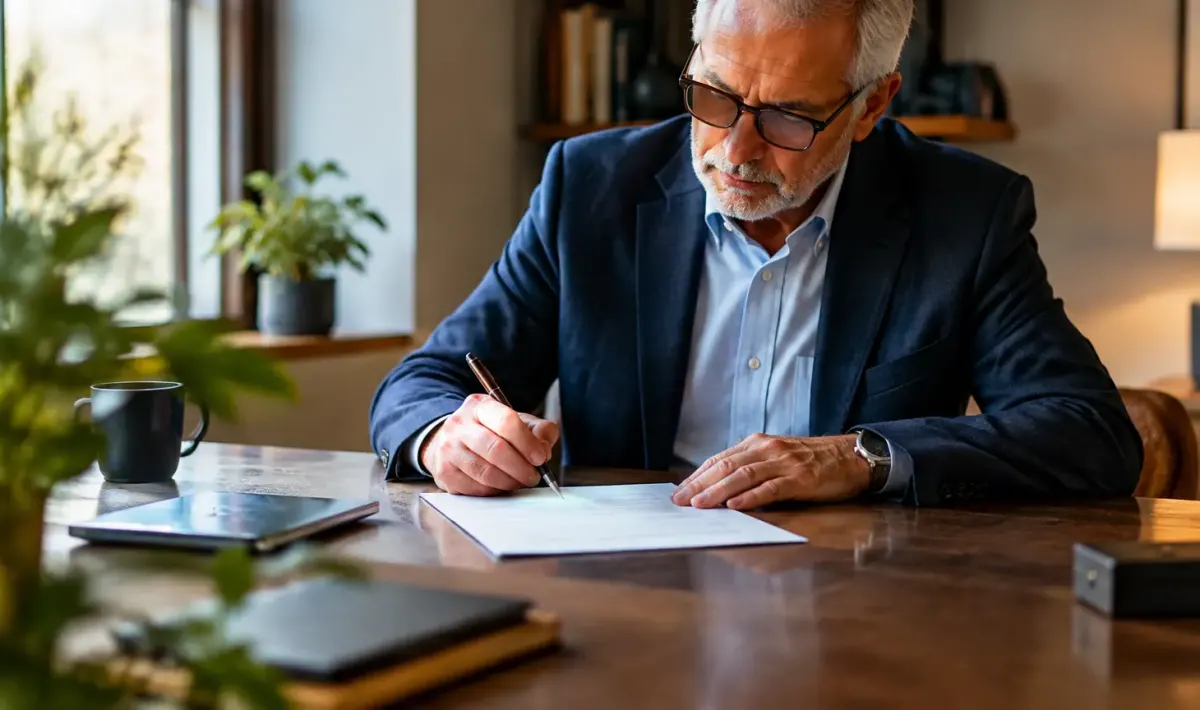 Homme age assis a table signant un contrat papier