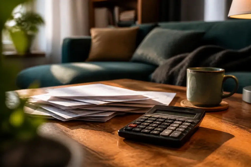 Homme age assis devant une calculatrice et des factures