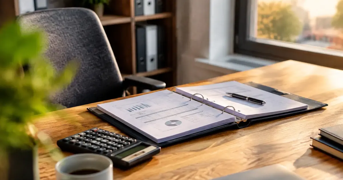 Homme assis au bureau avec calculatrice et dossier ouvert