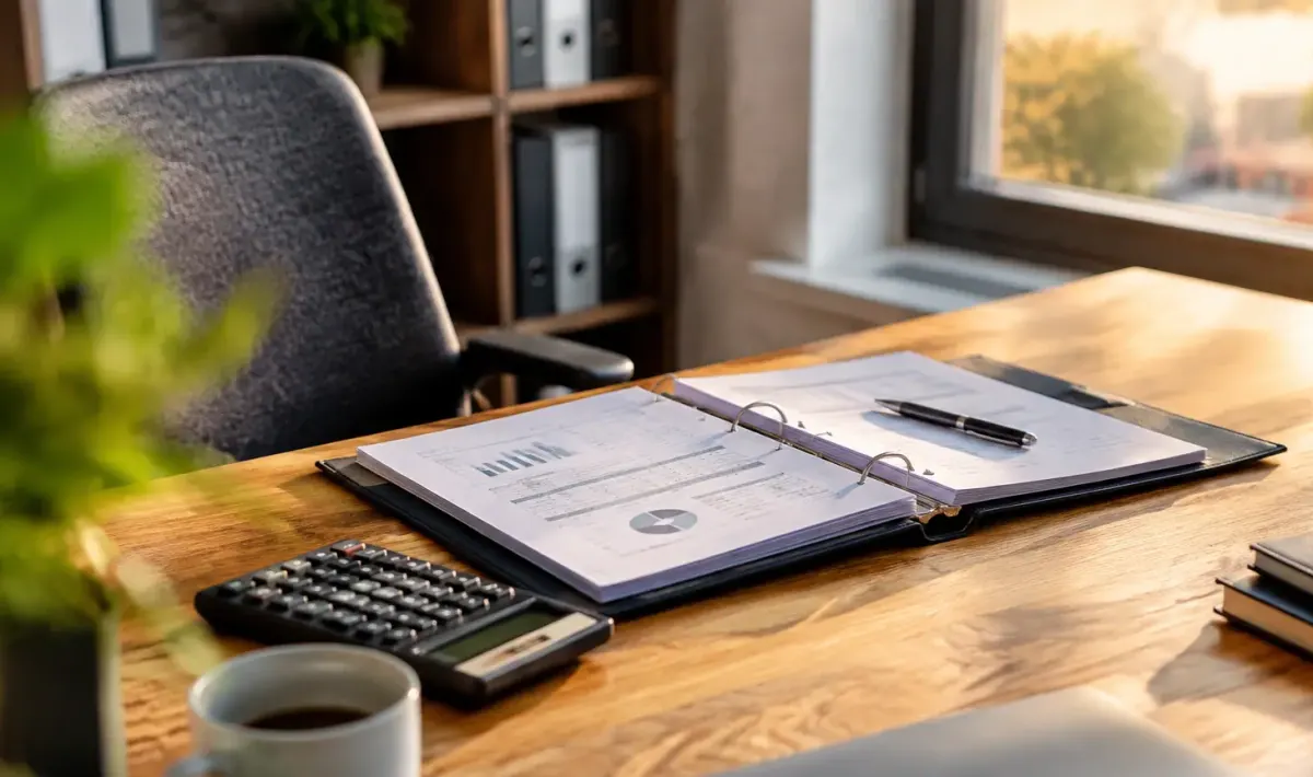 Homme assis au bureau avec calculatrice et dossier ouvert