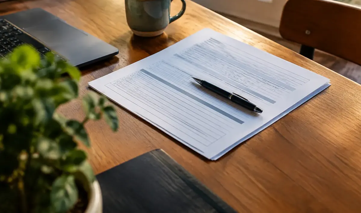 Homme assis au bureau, stylo sur un formulaire