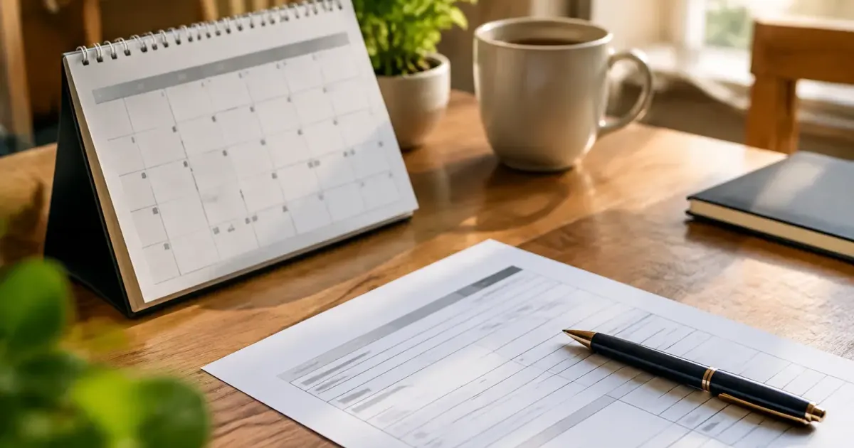 Homme assis devant calendrier, stylo sur formulaire