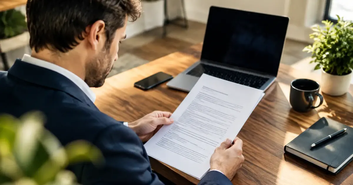 Homme assis lisant un contrat sur un bureau