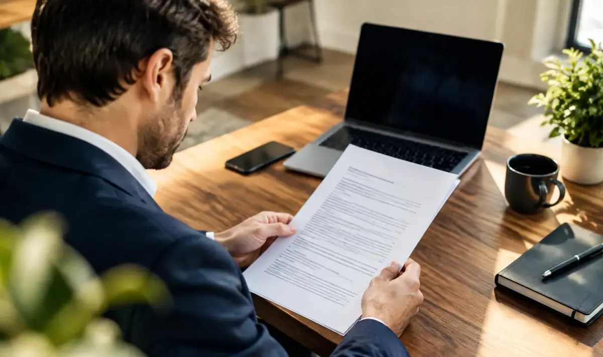Homme assis lisant un contrat sur un bureau
