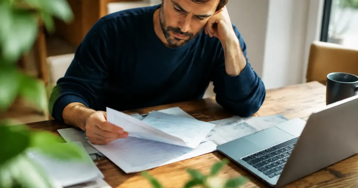 Homme assis lisant feuilles de soins sur bureau