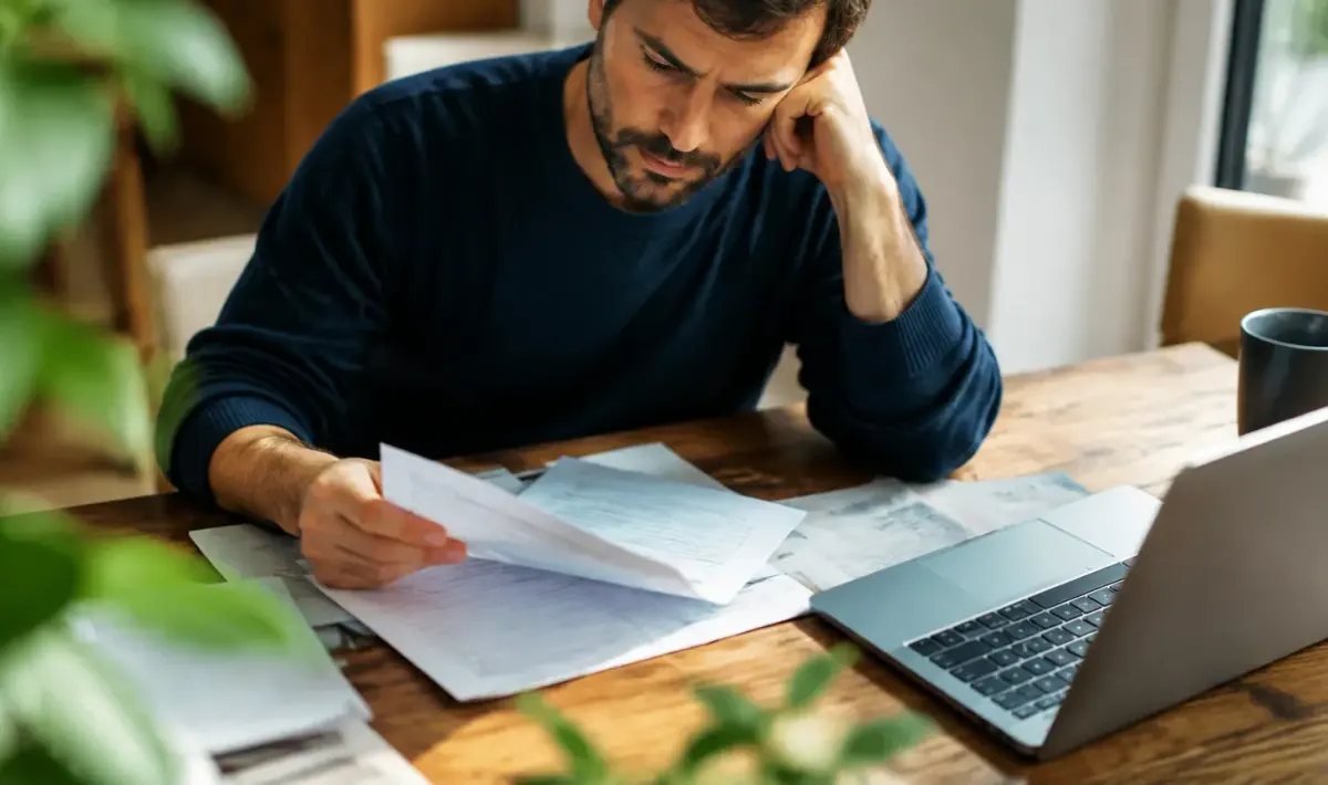 Homme assis lisant feuilles de soins sur bureau