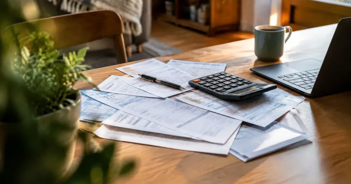 Homme assis penché sur des factures et une calculatrice