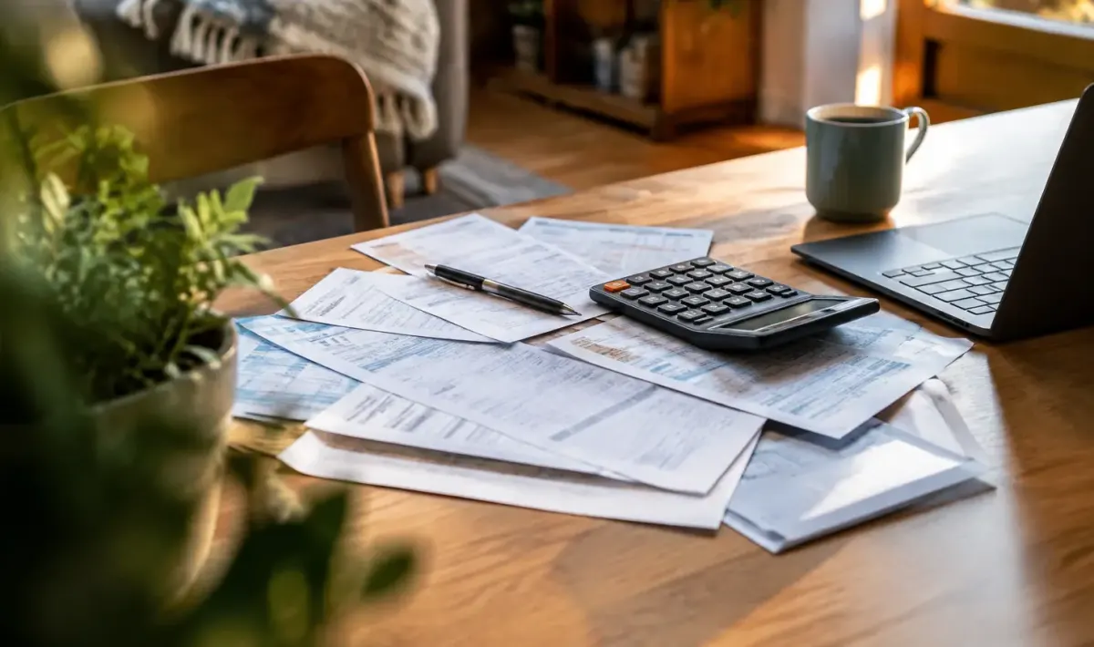 Homme assis penché sur des factures et une calculatrice
