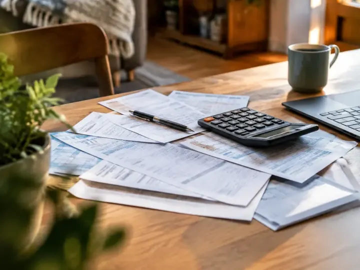 Homme assis penché sur des factures et une calculatrice